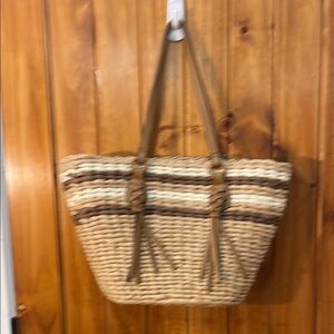 Style & Co Tan and Brown Woven Striped Straw Tote Shoulder Bag NWT